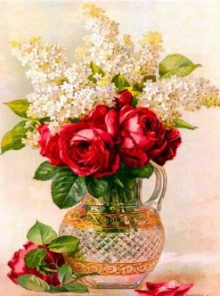Damask Rose in Vase -  Flowers Paint By Number