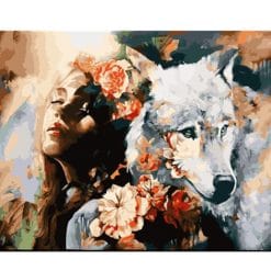 Beautiful Floral wwoman and Wolf - Animals Paint By Number