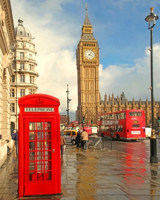 London Phone Box with big ben adult paint by numbers