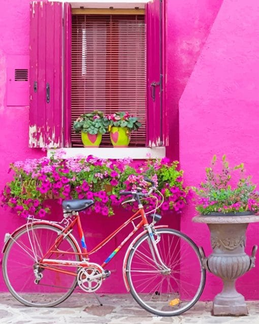 Cute Pink Wall Bike And Flowers paint By Numbers