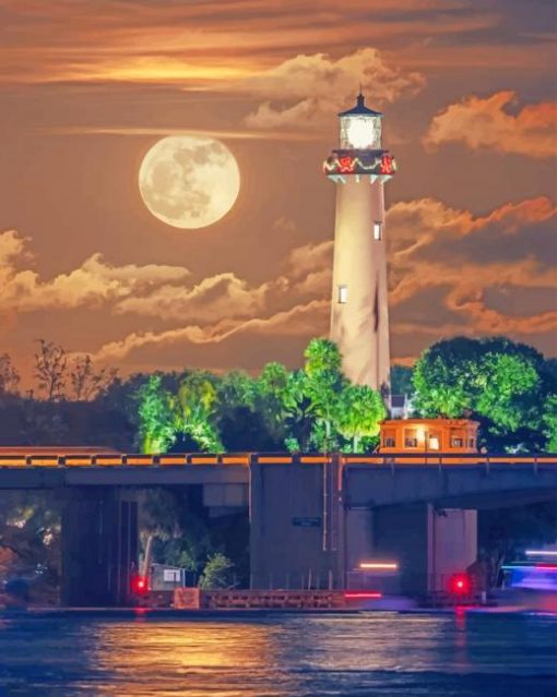 Full Moon Jupiter Lighthouse Paint By Numbers