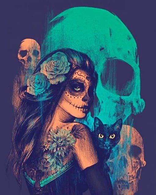 skull woman with her cat adult paint by numbers