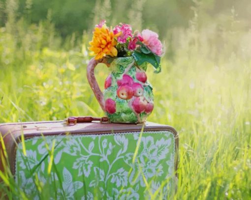 Aesthetic Flowers Vase On Suitcase paint by number