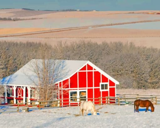 Barn Winter And Horses paint by numbers