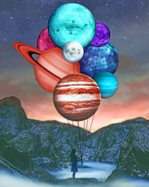 Girl Holding Balloons Planets paint by numbers