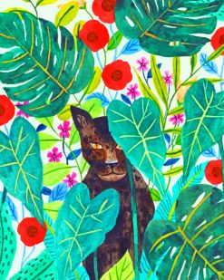 Black Panther With Flowers Illustration painnt by numbers