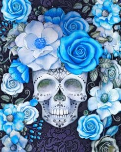 Skull And Cyan Flowers Paint by numbers