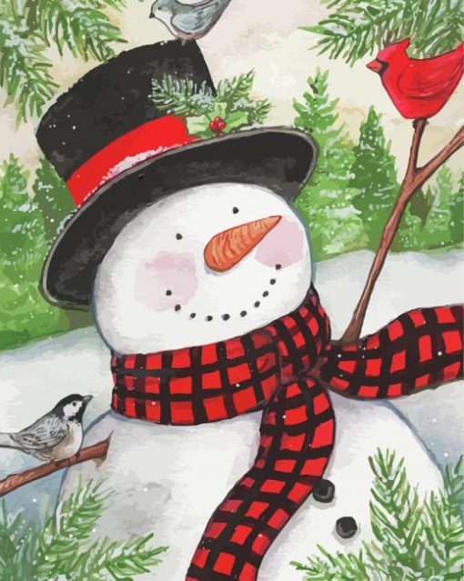 Black Hat Snowman With Birds paint by numbers