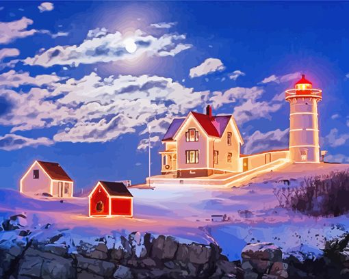 Nubble Lighthouse Christmas Lights Paint by numbers